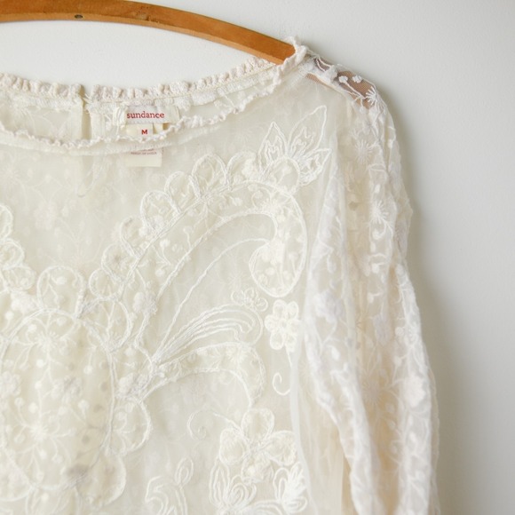 Sundance Romantic Lace Top M Ivory Embroidered Fairy Cottage Boho Festival Sheer - Picture 6 of 11